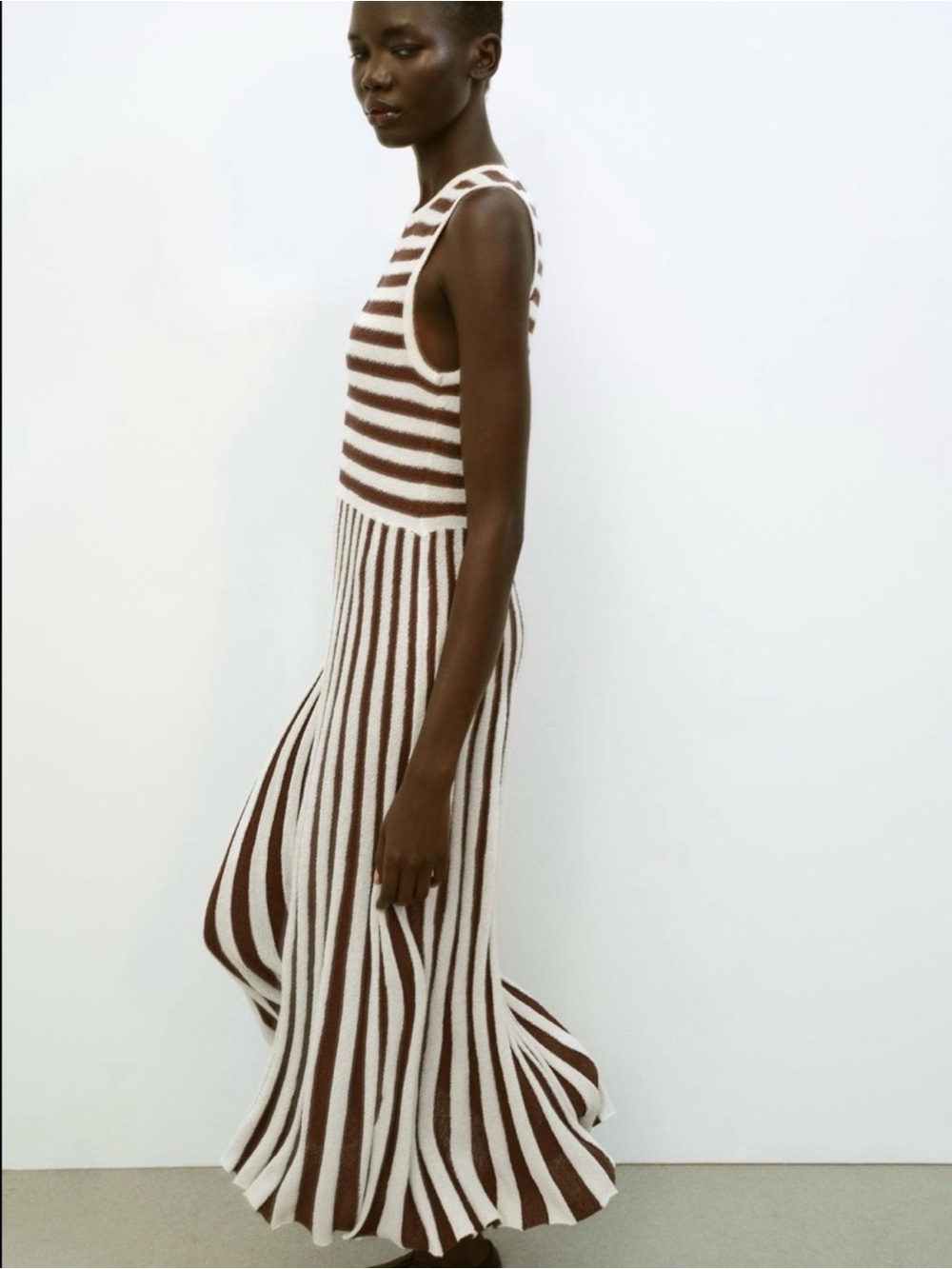 Zara Brown and White Striped Knit Maxi Dress
